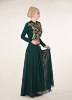 Hijab clothing GREEN Mandarin Collar Embroidered Evening Dress T 4214 