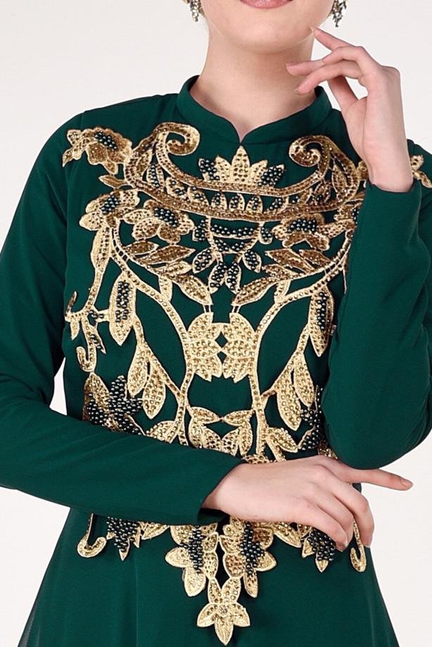Vêtements hijab  Mandarin Collar Embroidered Evening Dress T 4214  - TRENDTESETTÜR