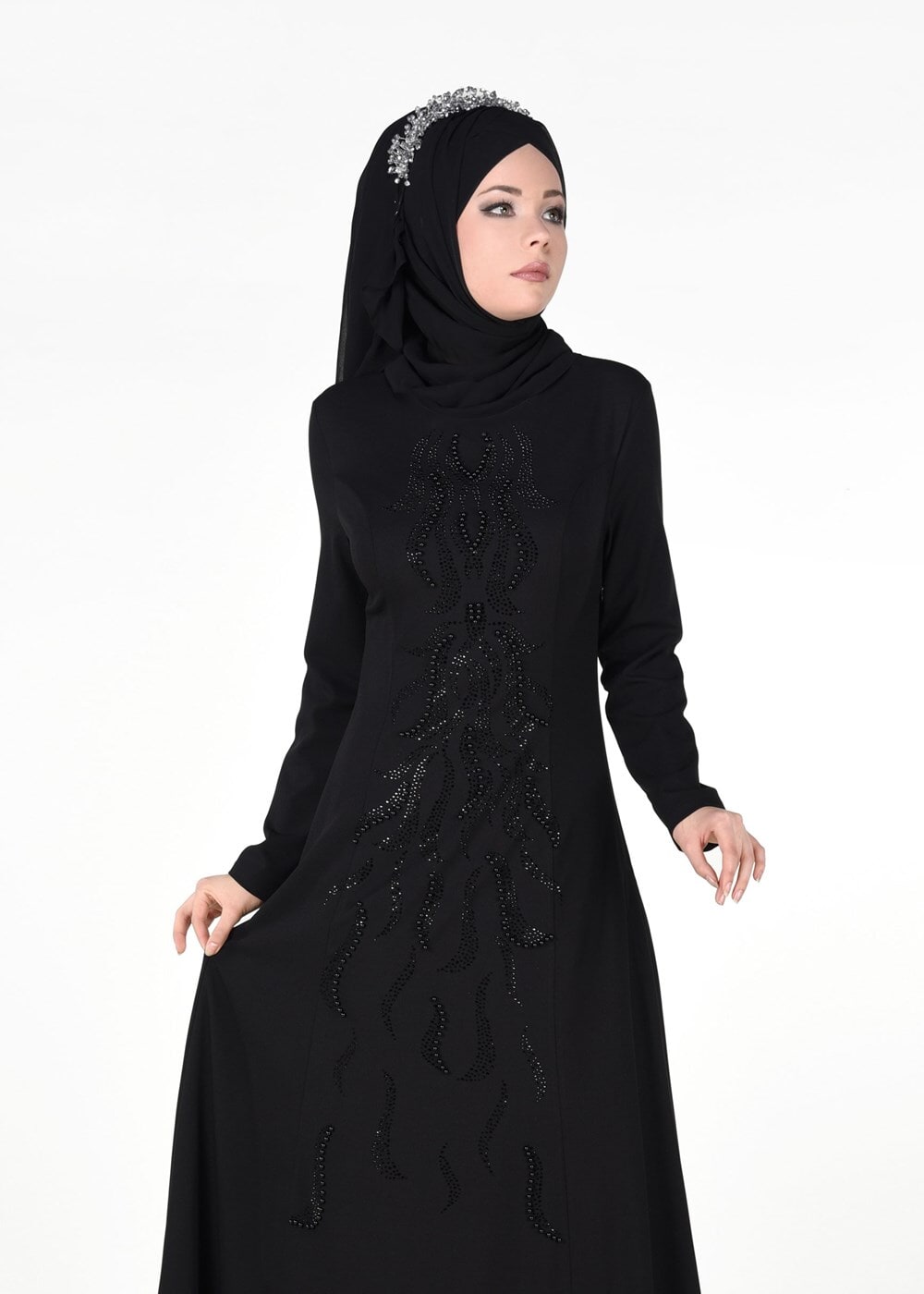 Tesettür giyim SİYAH BONCUK TAŞ İŞLEMELİ ABİYE ELBİSE 4308 