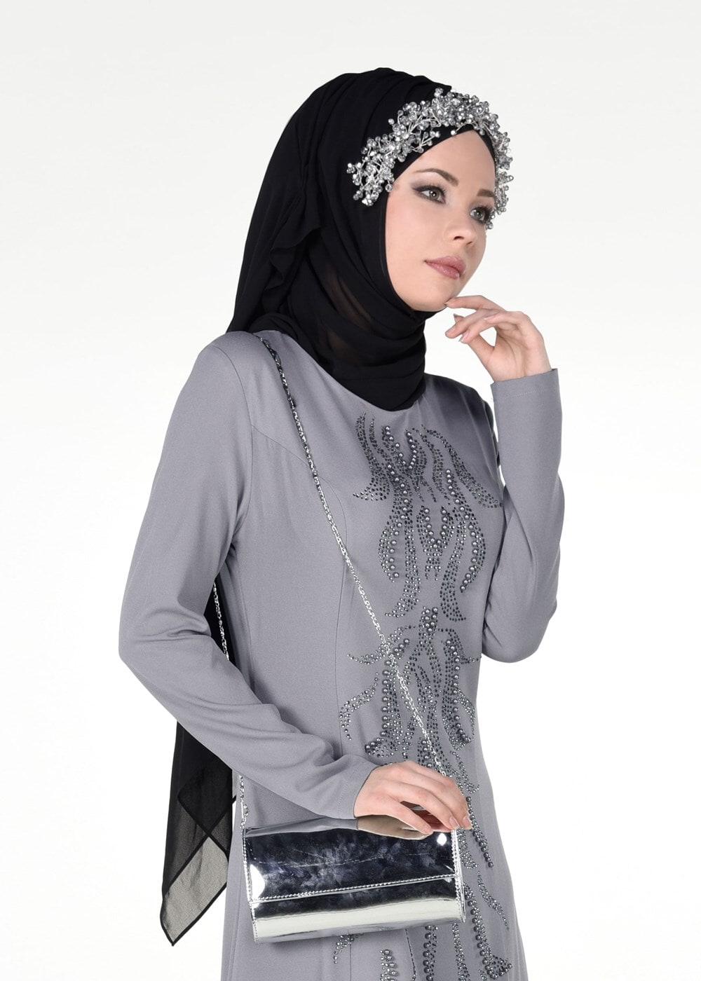 Tesettür giyim GRİ BONCUK TAŞ İŞLEMELİ ABİYE ELBİSE 4308 