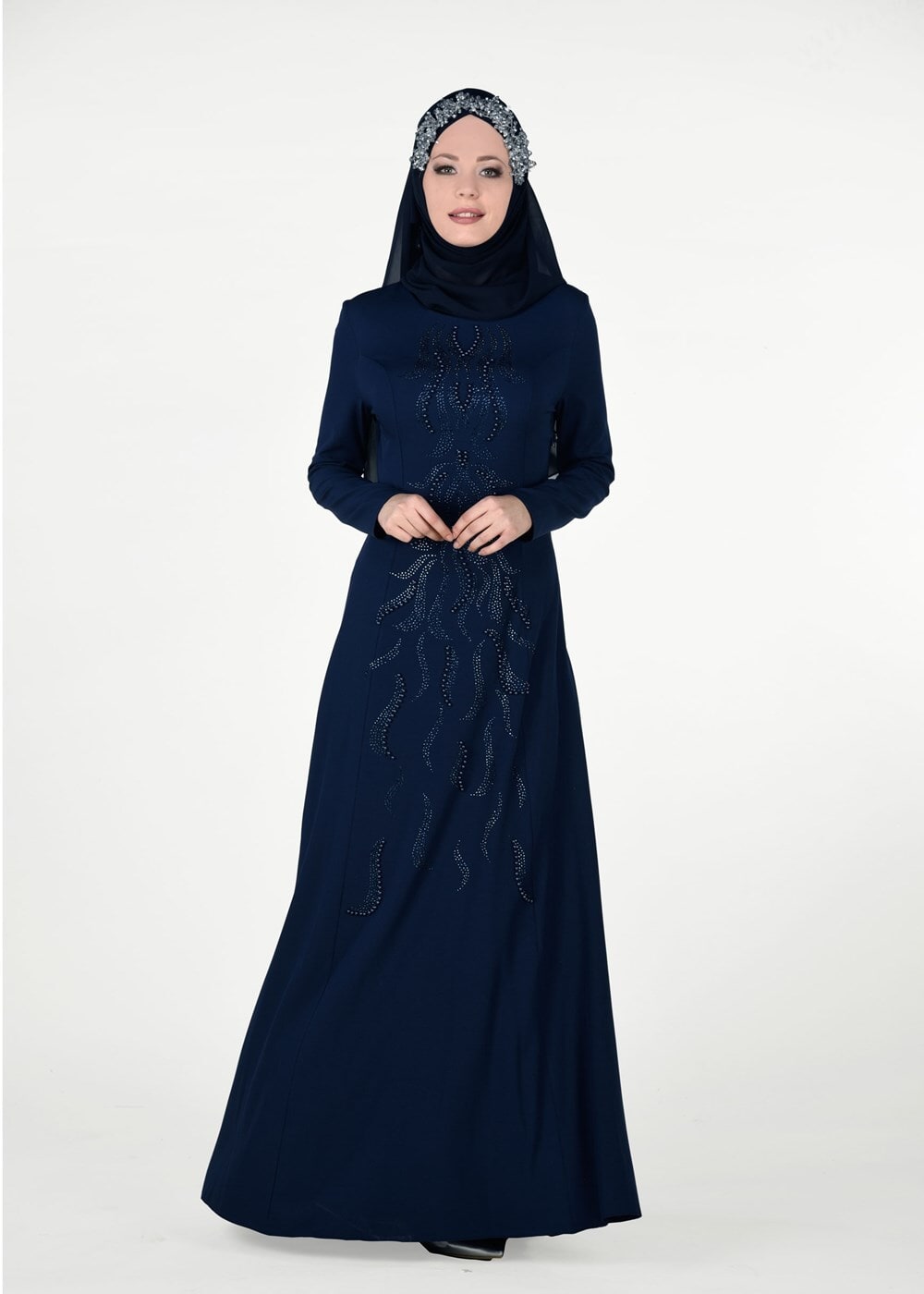 Tesettür giyim LACİVERT BONCUK TAŞ İŞLEMELİ ABİYE ELBİSE 4308 
