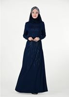 Tesettür giyim LACİVERT BONCUK TAŞ İŞLEMELİ ABİYE ELBİSE 4308 