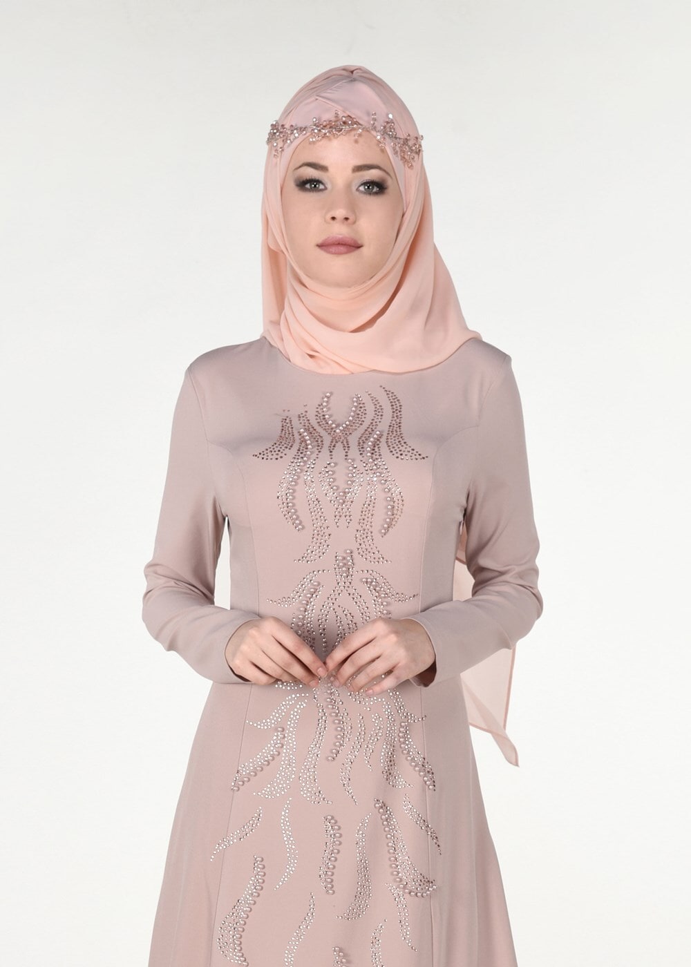 Tesettür giyim PUDRA BONCUK TAŞ İŞLEMELİ ABİYE ELBİSE 4308 