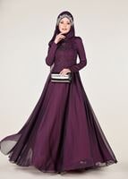 Tesettür giyim MOR İŞLEMELİ ŞİFON ABİYE ELBİSE 4597