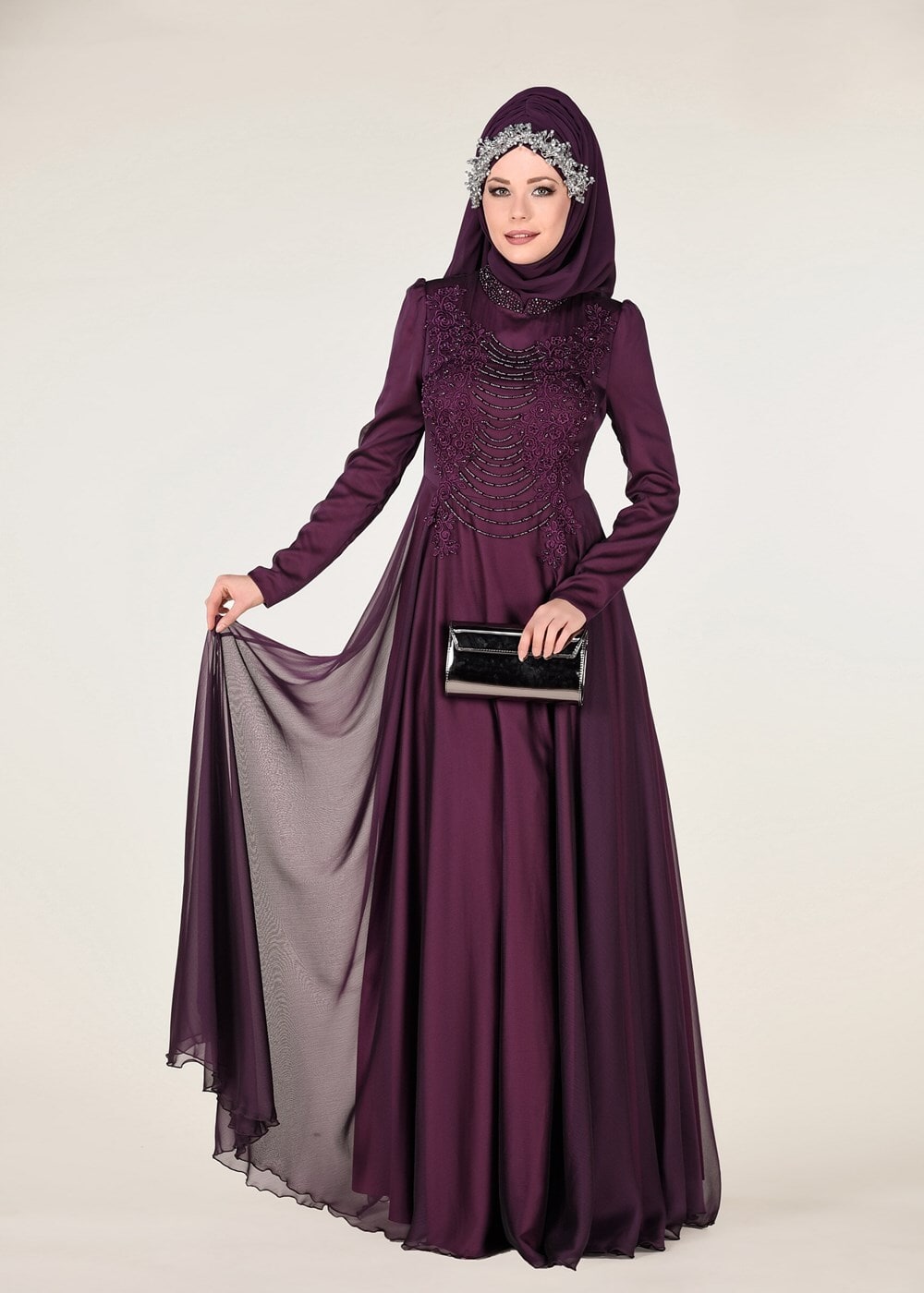 Tesettür giyim MOR İŞLEMELİ ŞİFON ABİYE ELBİSE 4597
