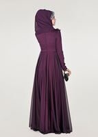 Tesettür giyim MOR İŞLEMELİ ŞİFON ABİYE ELBİSE 4597