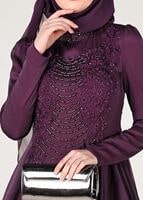 Tesettür giyim MOR İŞLEMELİ ŞİFON ABİYE ELBİSE 4597