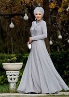 Tesettür giyim GRİ İŞLEMELİ ŞİFON ABİYE ELBİSE 4597