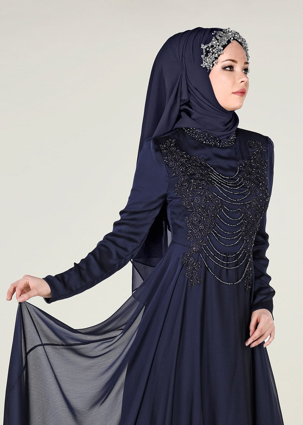 Tesettür giyim LACİVERT İŞLEMELİ ŞİFON ABİYE ELBİSE 4597