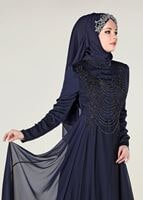 Tesettür giyim LACİVERT İŞLEMELİ ŞİFON ABİYE ELBİSE 4597