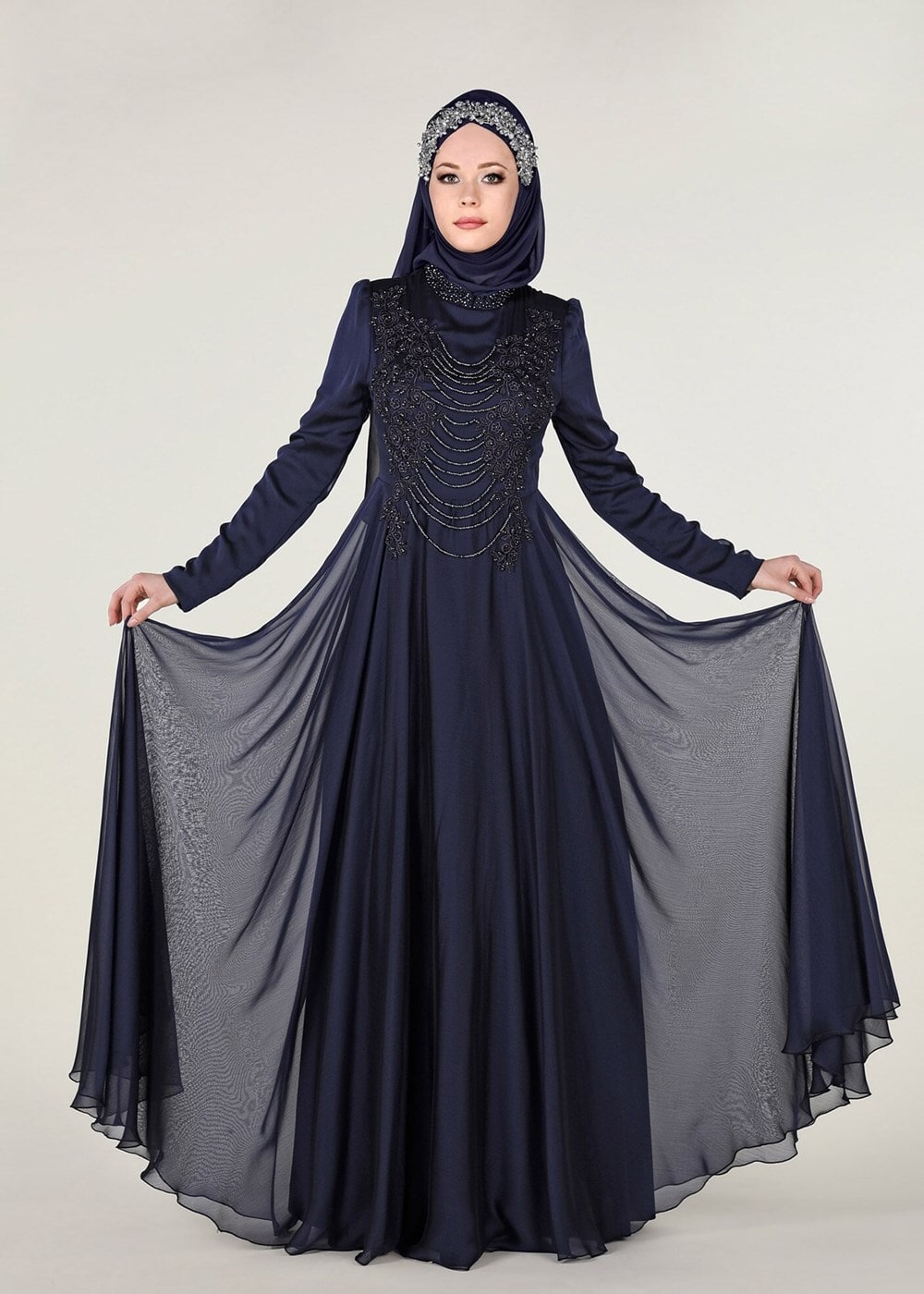 Tesettür giyim LACİVERT İŞLEMELİ ŞİFON ABİYE ELBİSE 4597