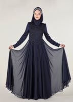 Tesettür giyim LACİVERT İŞLEMELİ ŞİFON ABİYE ELBİSE 4597