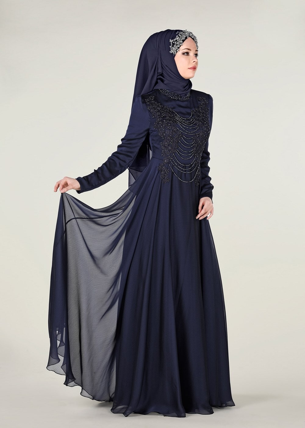 Tesettür giyim LACİVERT İŞLEMELİ ŞİFON ABİYE ELBİSE 4597