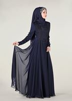 Tesettür giyim LACİVERT İŞLEMELİ ŞİFON ABİYE ELBİSE 4597