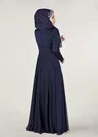 Tesettür giyim LACİVERT İŞLEMELİ ŞİFON ABİYE ELBİSE 4597