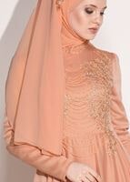 Tesettür giyim PUDRA İŞLEMELİ ŞİFON ABİYE ELBİSE 4597