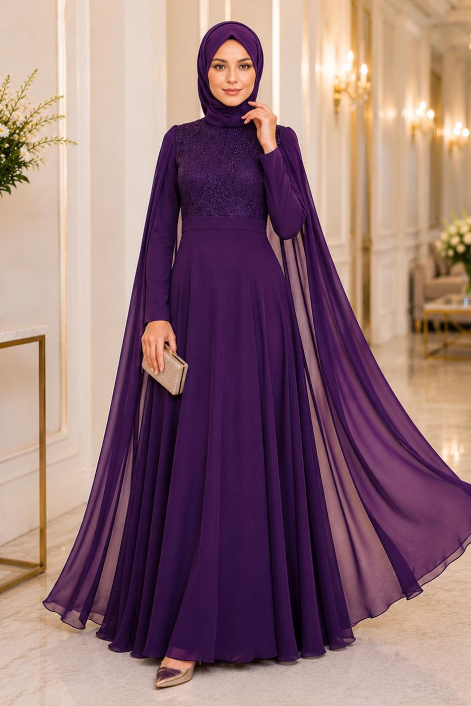 Hijab clothing PURPLE CHIFFON CAPE DETAILED EVENING DRESS 4662