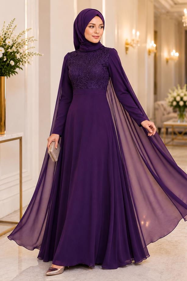 Hijab clothing  CHIFFON CAPE DETAILED EVENING DRESS 4662 - TRENDTESETTÜR