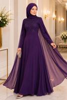 Hijab clothing PURPLE CHIFFON CAPE DETAILED EVENING DRESS 4662