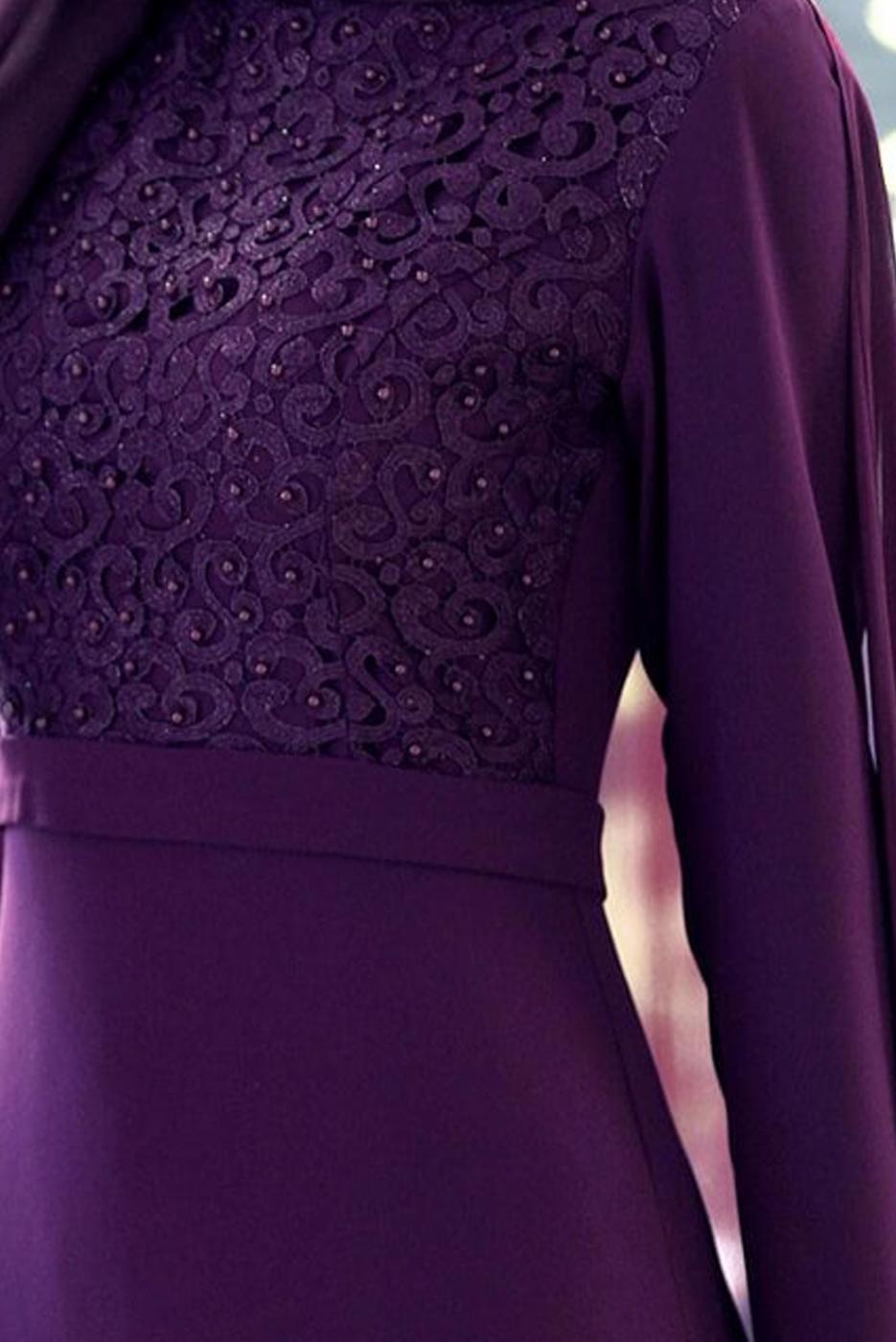 Hijab clothing PURPLE CHIFFON CAPE DETAILED EVENING DRESS 4662