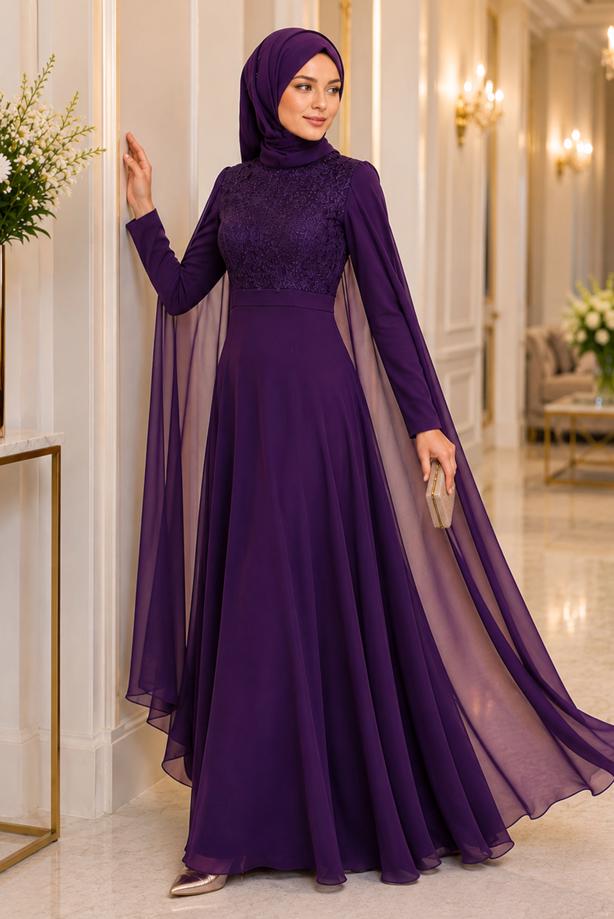 Hijab clothing  CHIFFON CAPE DETAILED EVENING DRESS 4662 - TRENDTESETTÜR