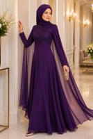 Hijab clothing PURPLE CHIFFON CAPE DETAILED EVENING DRESS 4662