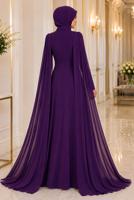 Hijab clothing PURPLE CHIFFON CAPE DETAILED EVENING DRESS 4662