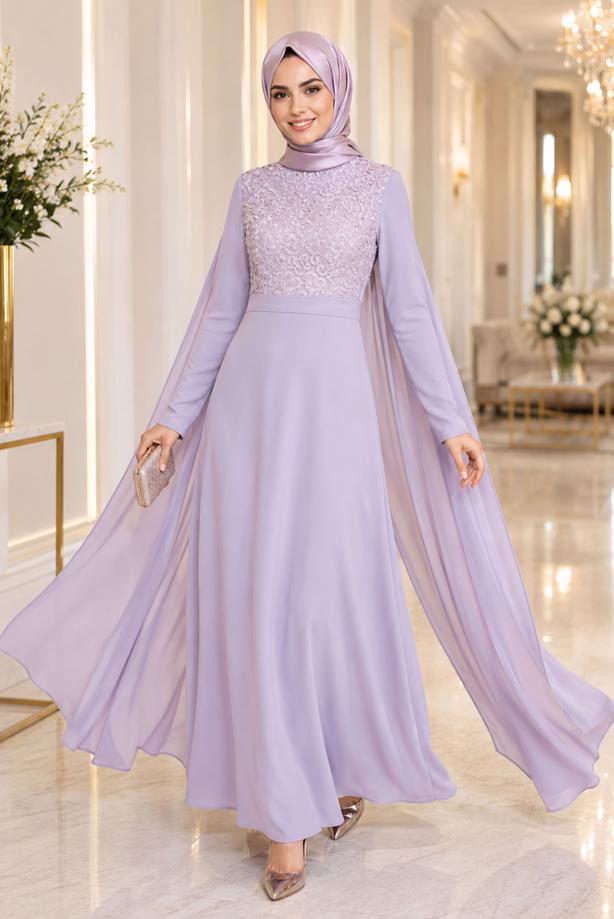 Hijab clothing  CHIFFON CAPE DETAILED EVENING DRESS 4662 - TRENDTESETTÜR