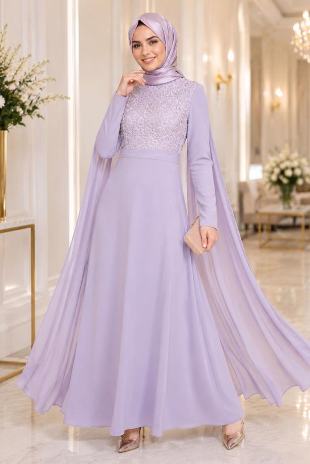 Hijab clothing  CHIFFON CAPE DETAILED EVENING DRESS 4662 - TRENDTESETTÜR