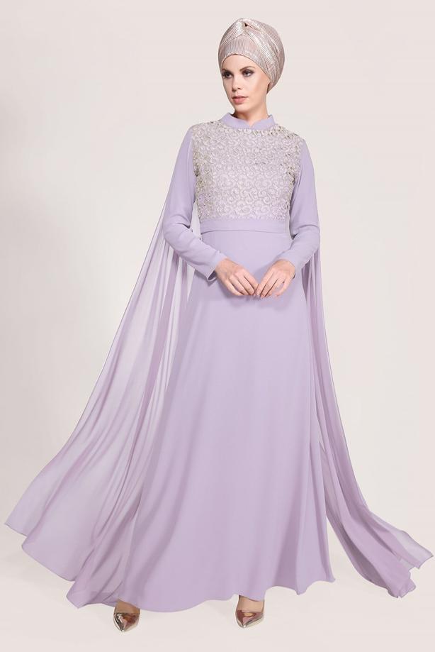Vêtements hijab  Mandarin Collar Chiffon Detailed Evening Dress T 4662 - TRENDTESETTÜR