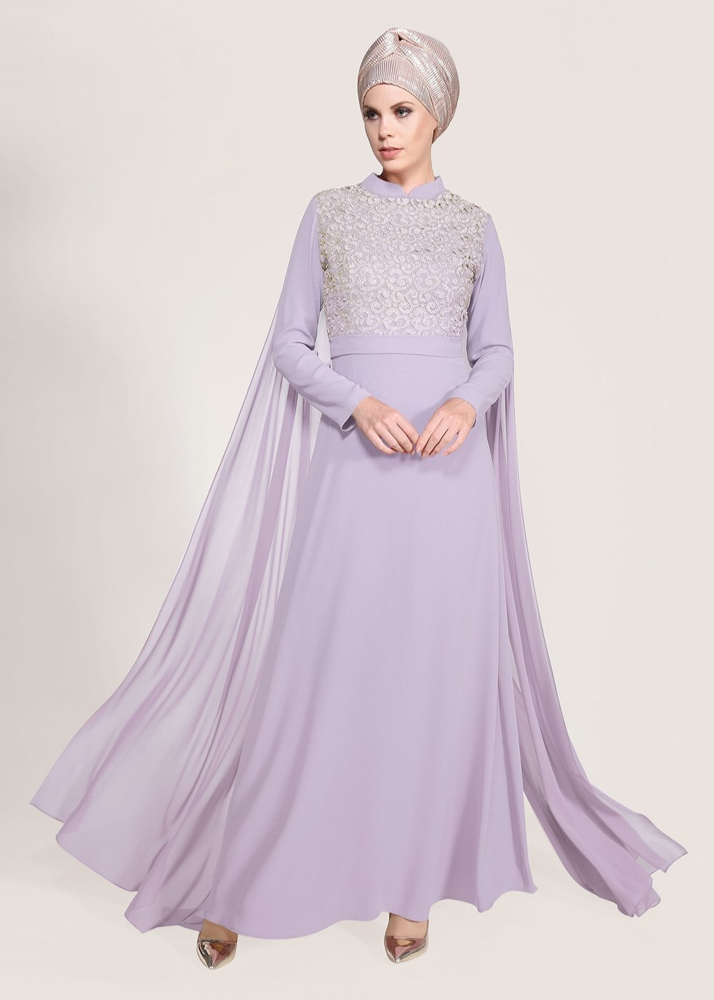 Hijab clothing PURPLE Mandarin Collar Chiffon Detailed Evening Dress T 4662