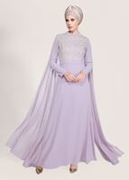 Hijab clothing PURPLE Mandarin Collar Chiffon Detailed Evening Dress T 4662