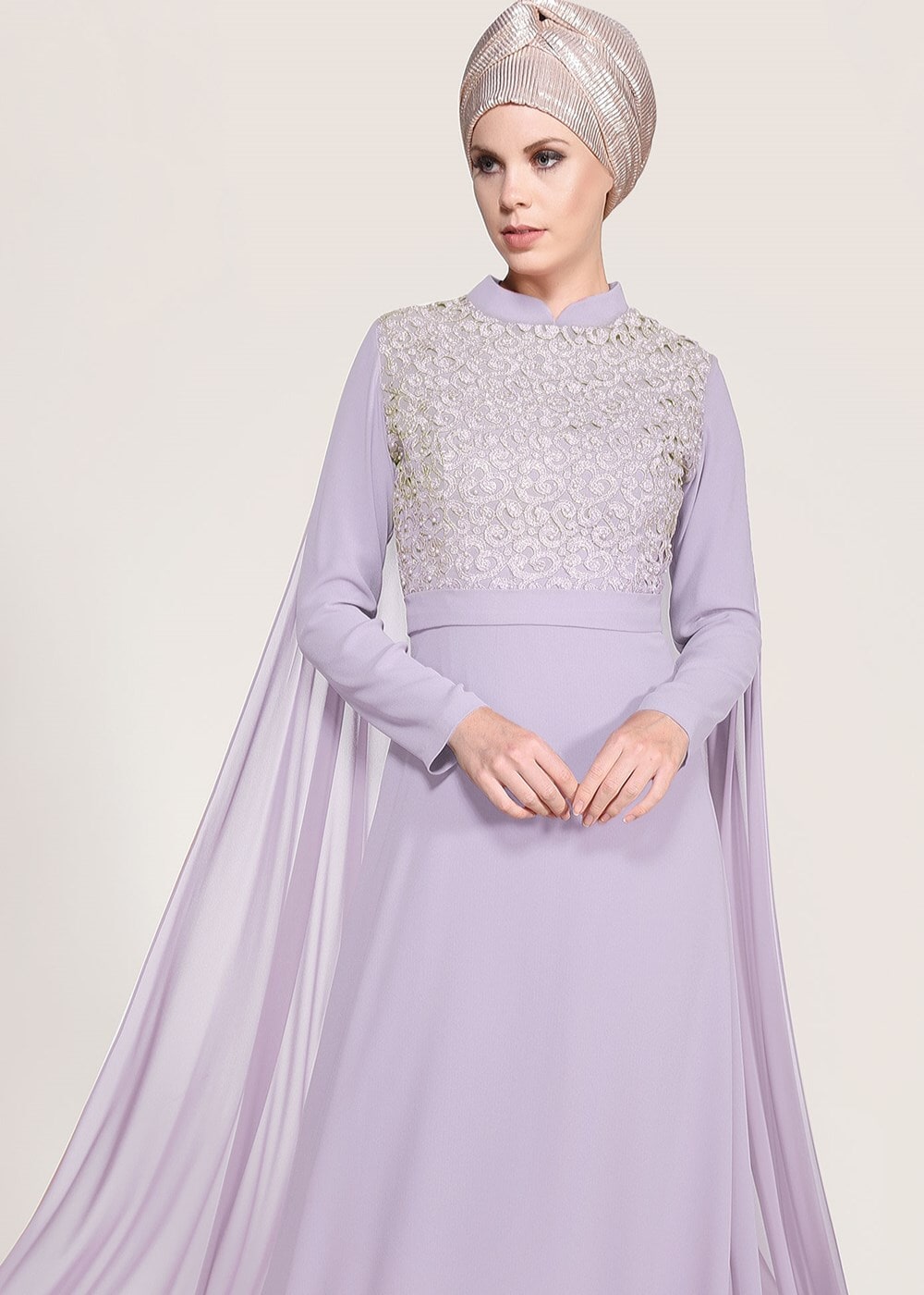 Hijab clothing PURPLE Mandarin Collar Chiffon Detailed Evening Dress T 4662