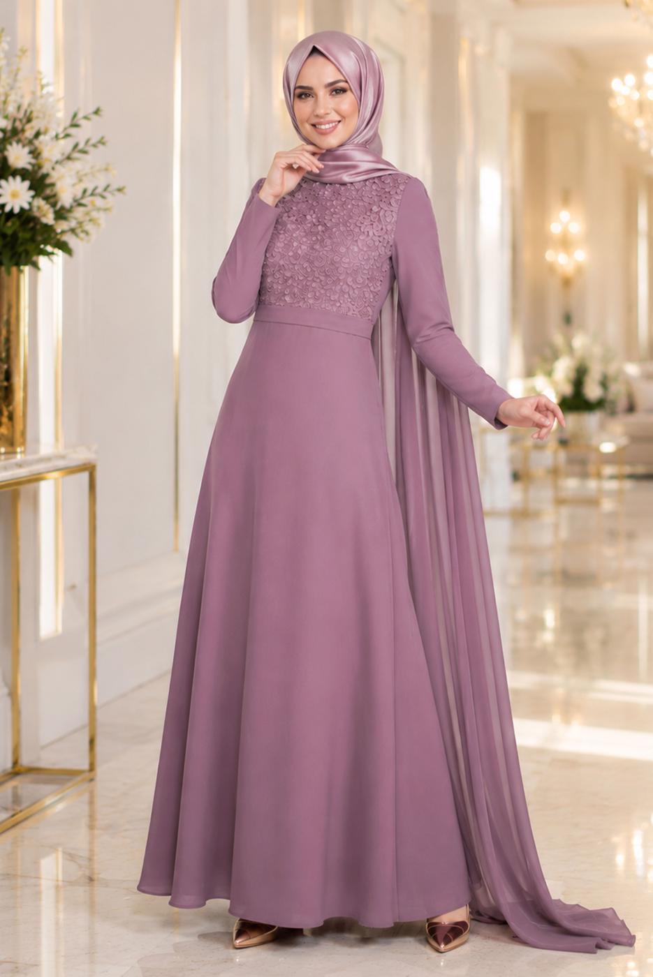 Hijab clothing PINK CHIFFON CAPE DETAILED EVENING DRESS 4662