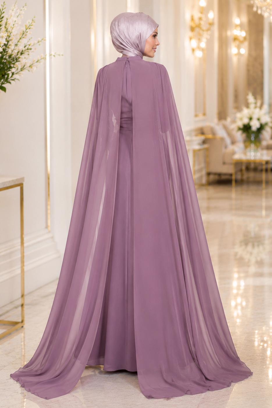 Hijab clothing PINK CHIFFON CAPE DETAILED EVENING DRESS 4662