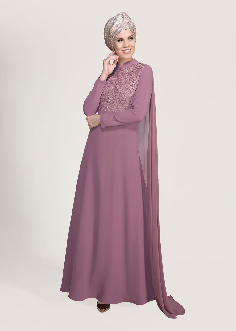Hijab clothing PINK Mandarin Collar Chiffon Detailed Evening Dress T 4662