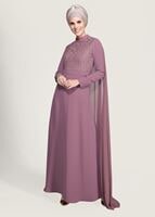 Hijab clothing PINK Mandarin Collar Chiffon Detailed Evening Dress T 4662