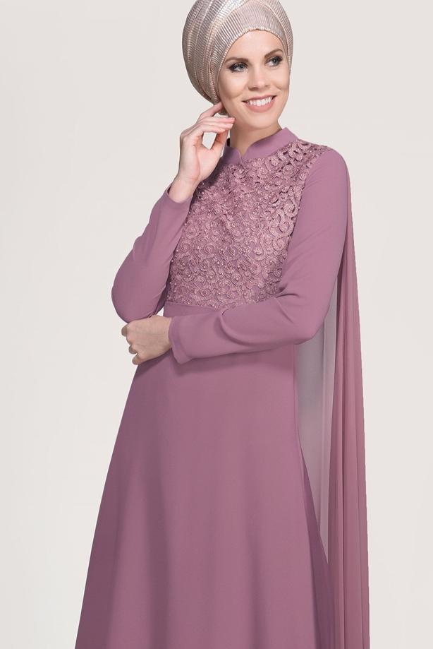 Vêtements hijab  Mandarin Collar Chiffon Detailed Evening Dress T 4662 - TRENDTESETTÜR