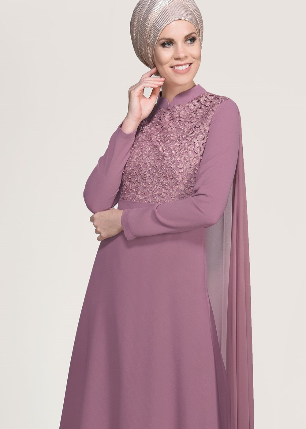 Hijab clothing PINK Mandarin Collar Chiffon Detailed Evening Dress T 4662