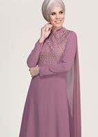 Hijab clothing PINK Mandarin Collar Chiffon Detailed Evening Dress T 4662