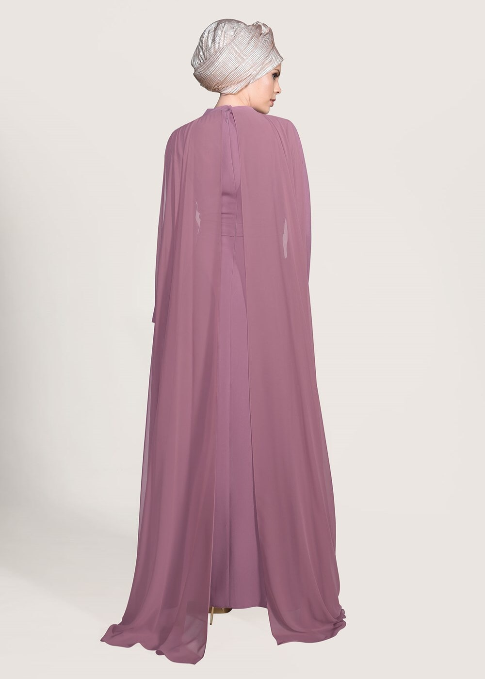 Hijab clothing PINK Mandarin Collar Chiffon Detailed Evening Dress T 4662