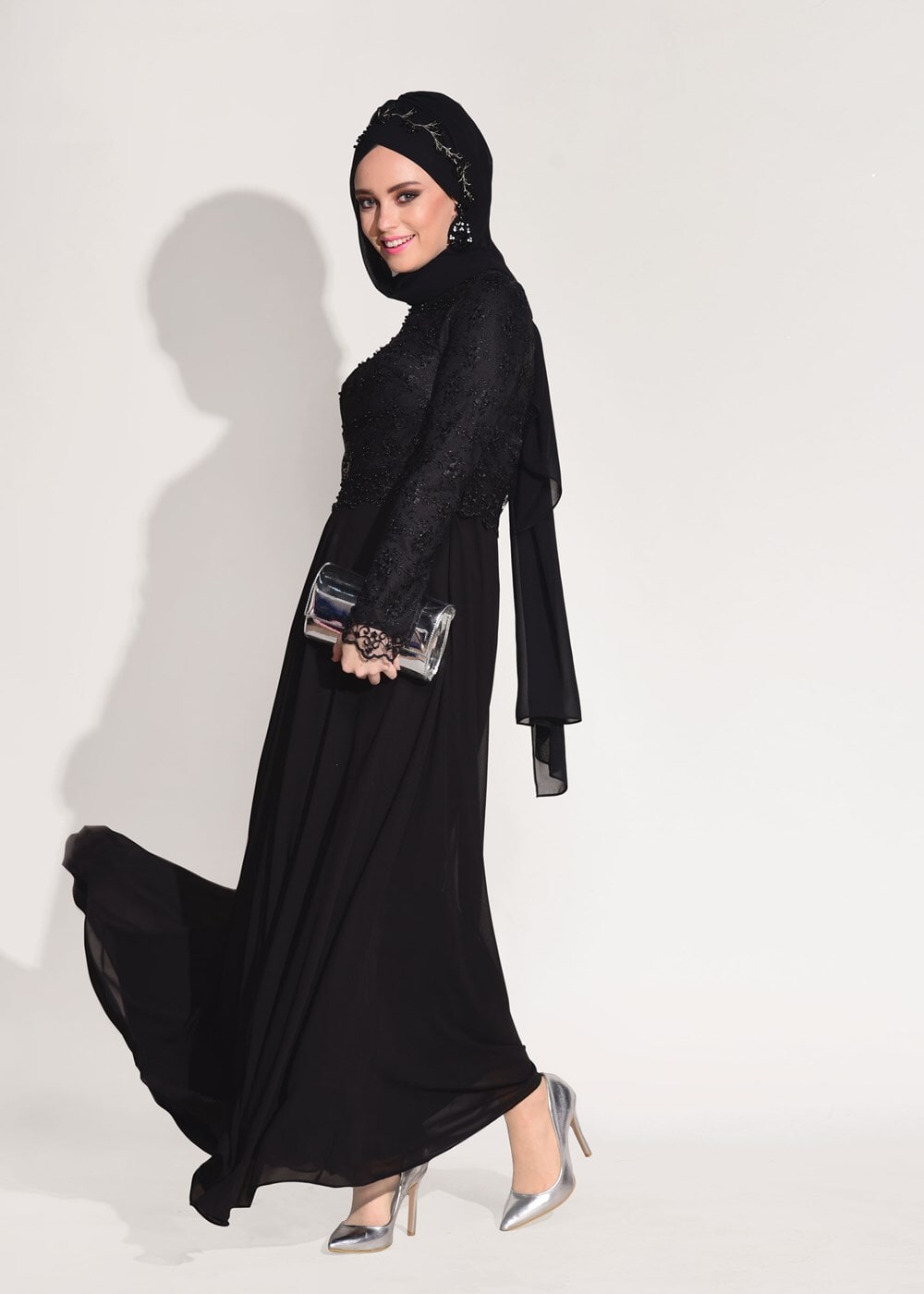 Tesettür giyim SİYAH GÜPÜRLÜ ABİYE ELBİSE 5108