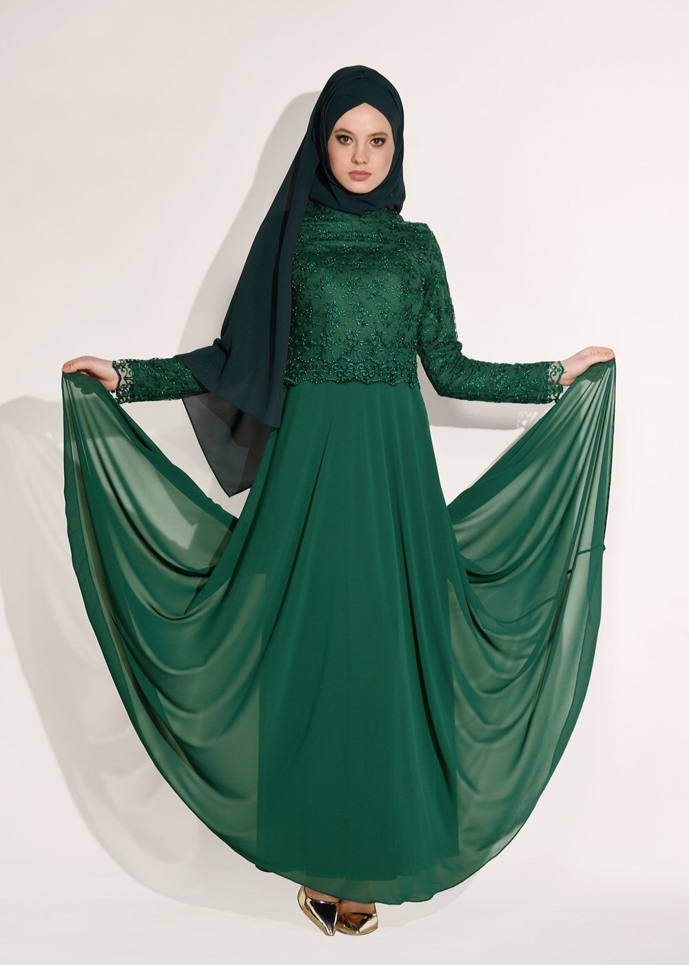 Tesettür giyim YEŞİL GÜPÜRLÜ ABİYE ELBİSE 5108
