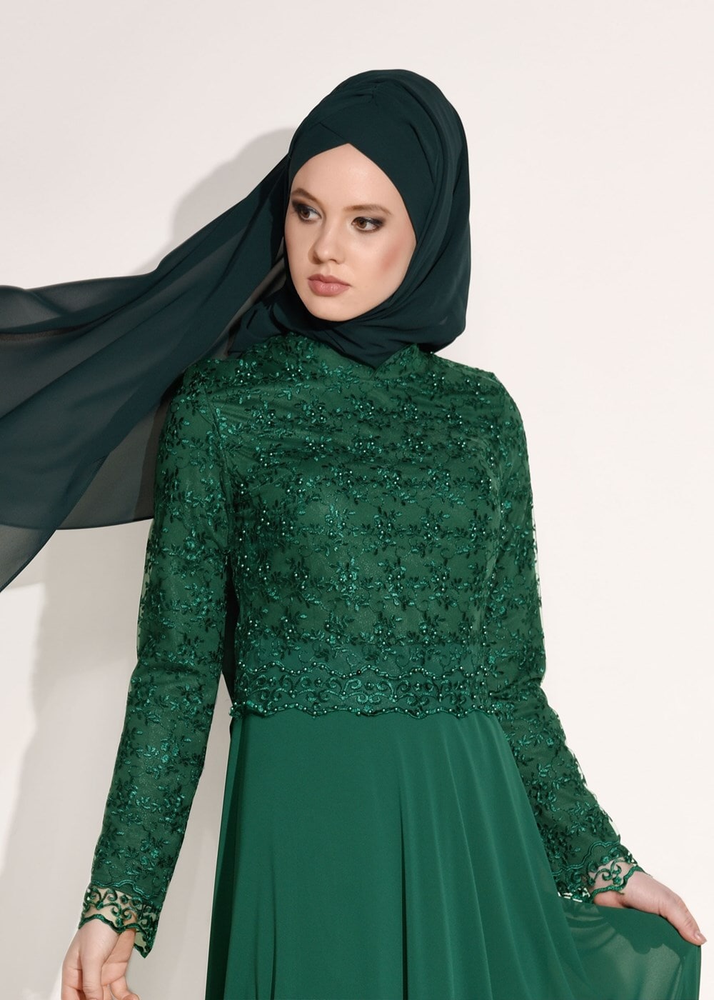Tesettür giyim YEŞİL GÜPÜRLÜ ABİYE ELBİSE 5108