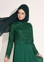 Tesettür giyim YEŞİL GÜPÜRLÜ ABİYE ELBİSE 5108