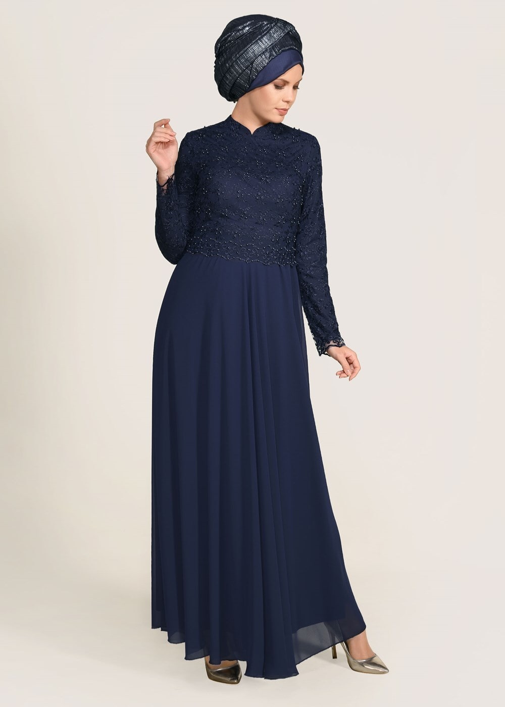 Tesettür giyim LACİVERT GÜPÜRLÜ ABİYE ELBİSE 5108