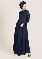 Tesettür giyim LACİVERT GÜPÜRLÜ ABİYE ELBİSE 5108