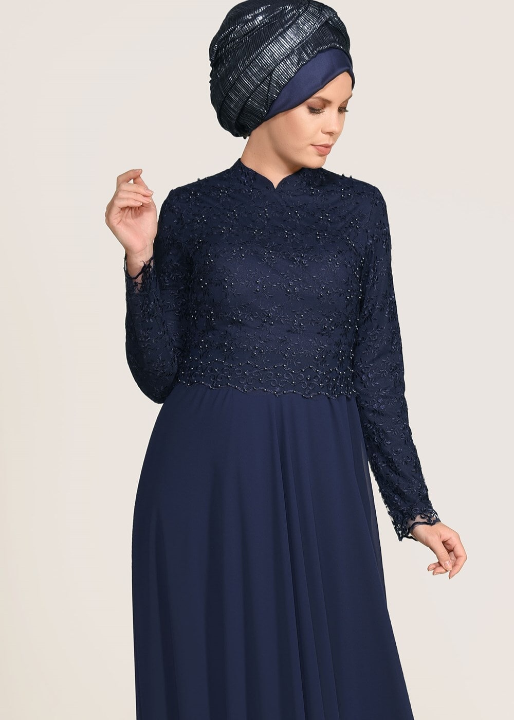 Tesettür giyim LACİVERT GÜPÜRLÜ ABİYE ELBİSE 5108