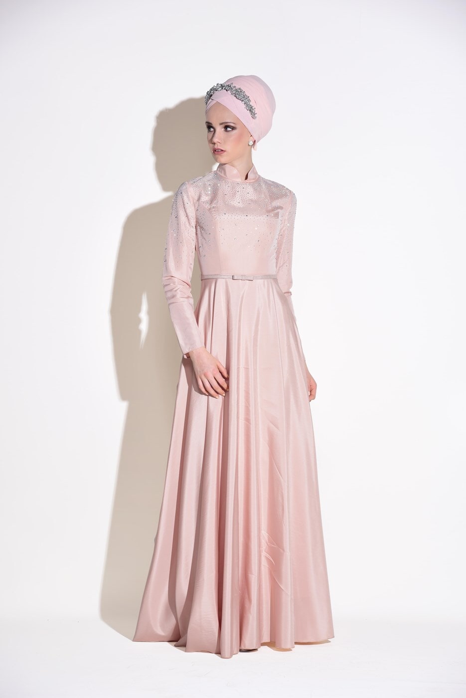 Tesettür giyim PUDRA HAKİM YAKA KEMERLİ ABİYE ELBİSE 5302