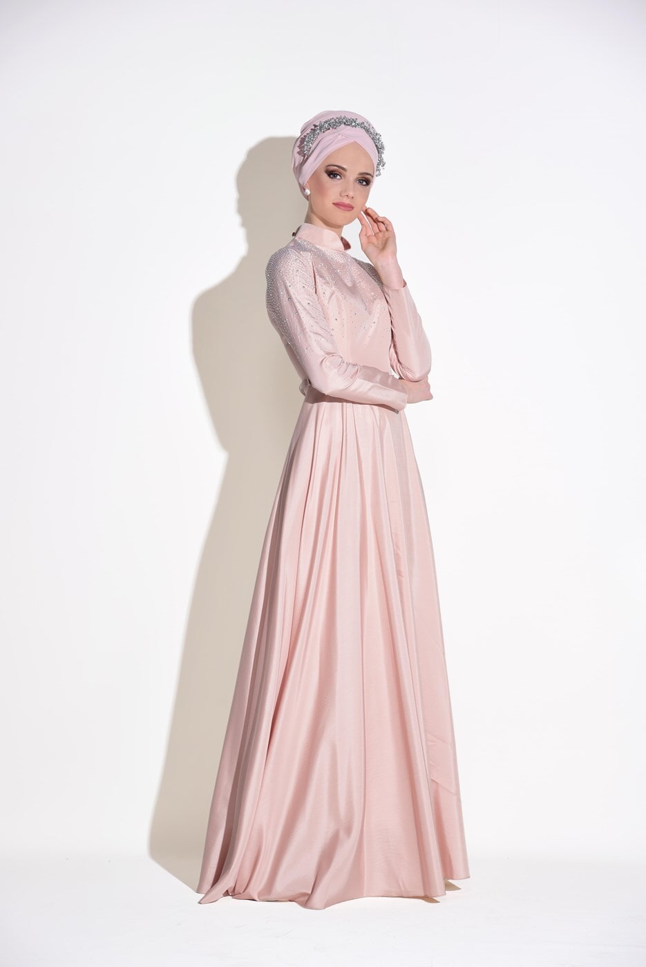 Tesettür giyim PUDRA HAKİM YAKA KEMERLİ ABİYE ELBİSE 5302